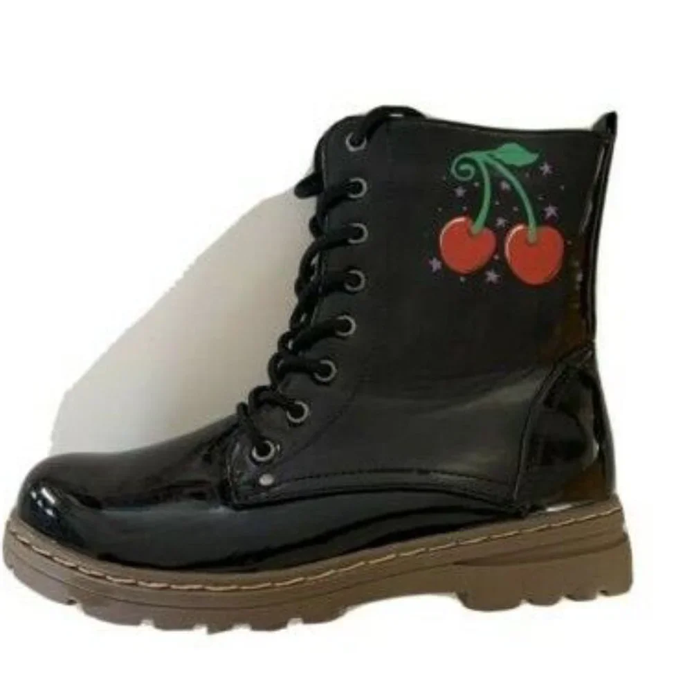 CL by Laundry Black Vinyl Hand Painted Combat Boots - Picture 2 of 5